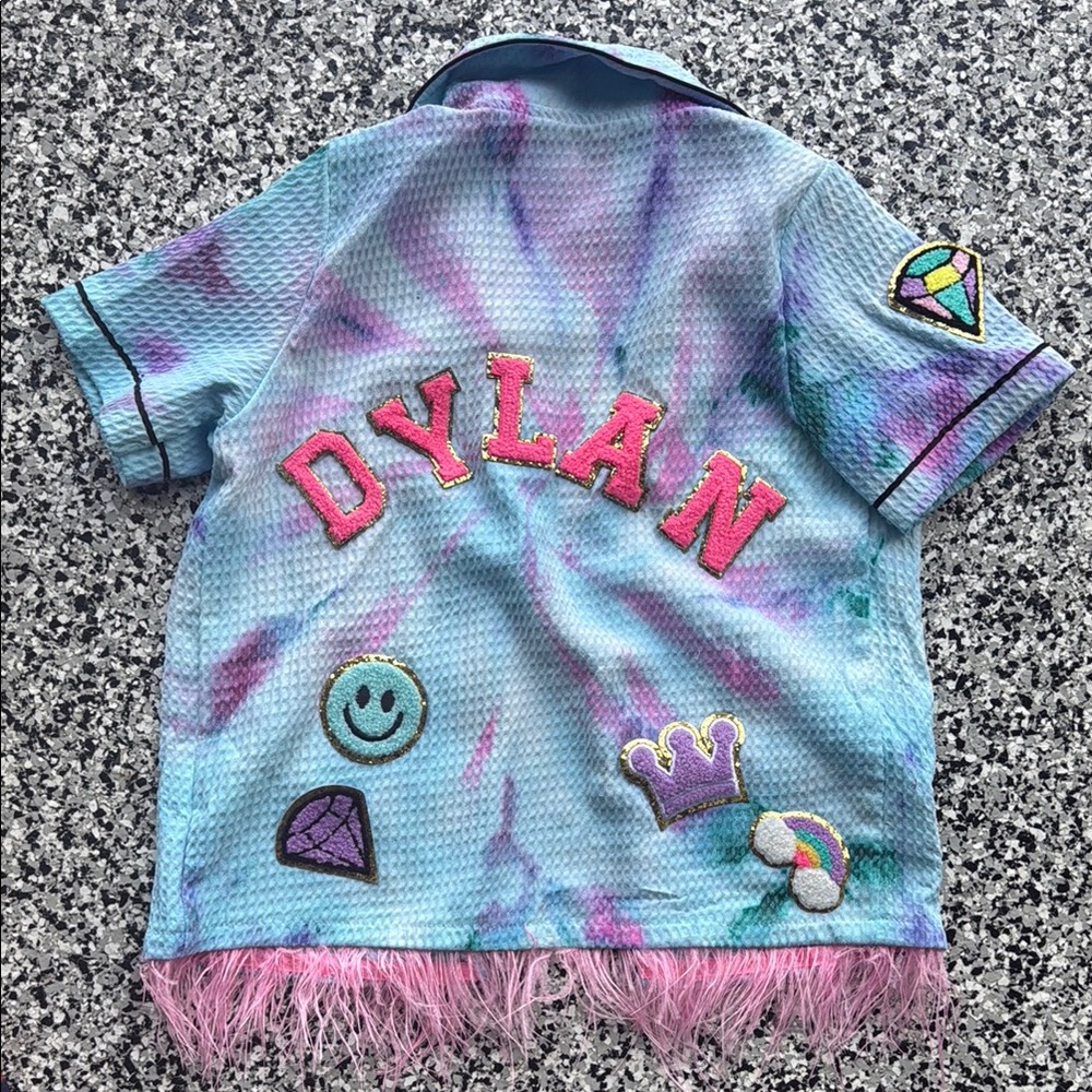 Handmade. Colorful Tie-Dye Shirt with Fringe with personalized name.